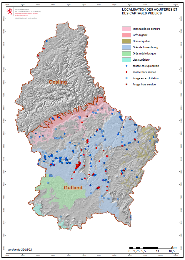 Carte 1 : Localisation des aquifères principaux du Luxembourg et des captages d’eau potable