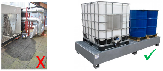 Figure 1: A gauche, stockage non adéquat des substances. A droite, stockage des substances sur une cuve étanche