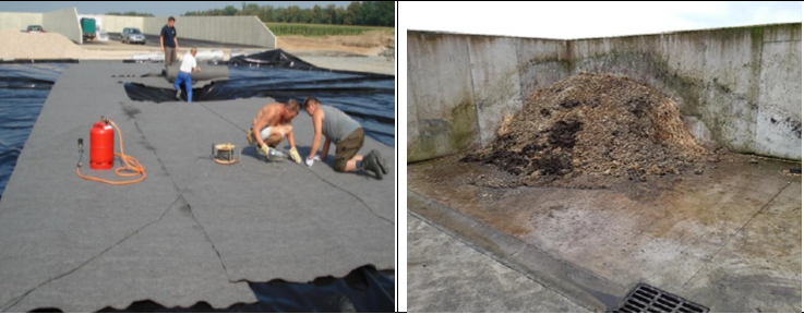 Figure 5: A gauche : Imperméabilisation d’une surface à l’aide de membranes imperméables. A droite : Exemple de stockage de fumier avec récupération du jus dans une citerne.